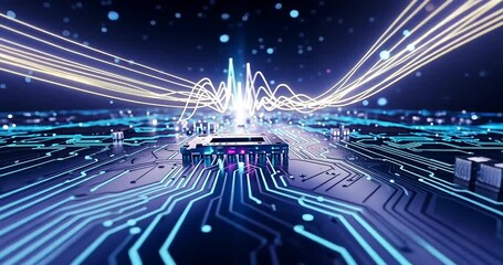 Futuristic circuit board with glowing lines and data flow, representing technology and innovation - Powered by Adobe