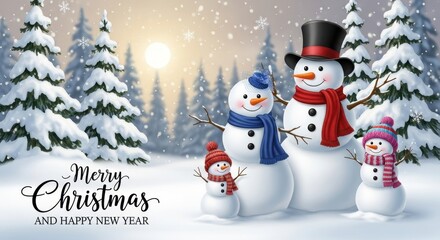 Charming snowmen family amidst a picturesque winter landscape conveying a joyful holiday spirit
