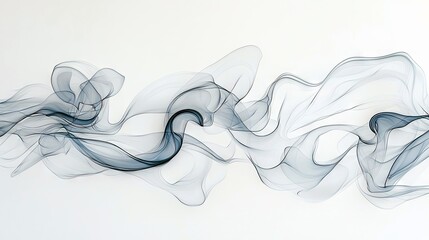A wispy, translucent wave of dark blue and grey smoke or fabric flows horizontally across a clean white background.