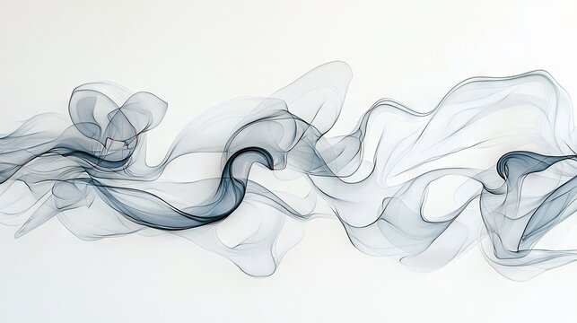 A wispy, translucent wave of dark blue and grey smoke or fabric flows horizontally across a clean white background.