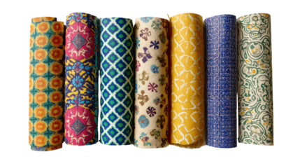 Set of beeswax food wraps in colorful patterns spread out on transparent background