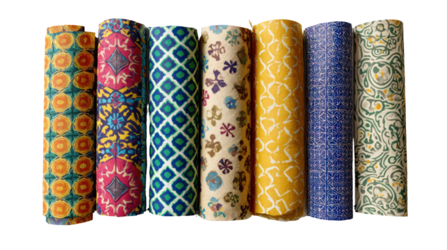 Set of beeswax food wraps in colorful patterns spread out on transparent background