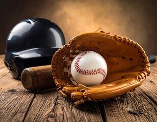 Baseball gear including a helmet, bat, mitt, and ball arranged on a rustic wooden surface