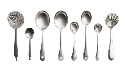 Collection of antique silver spoons of various sizes isolated on transparent background