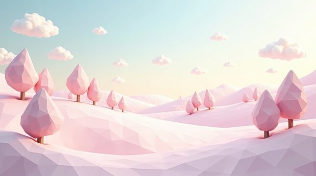 Pastel pink geometric landscape with clouds trees