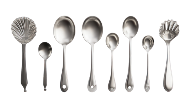 Collection of antique silver spoons of various sizes isolated on transparent background