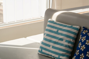 Two decorative pillows on a light-colored sofa, one with cartoon dog design and the other with a daisy floral pattern