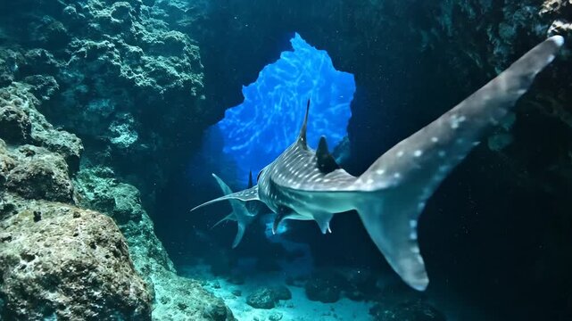 A majestic whale shark showcases nature's intricate spot pattern design, gliding through a rocky cavern towards a brilliant blue abyss