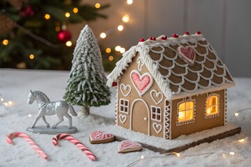 Festive gingerbread house with christmas tree and lights in a snowy scene