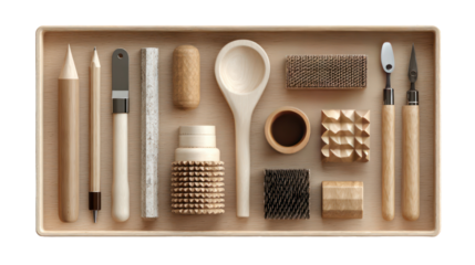 Collection of crafting and art supplies in a tray isolated on transparent background