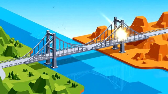 Bridge collapsing over water with splashes and rocks