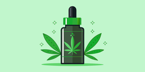 Luxury CBD skincare dropper bottle with gold accents, surrounded by green leaves and sparkling elements, showcasing a modern and elegant design for beauty enthusiasts