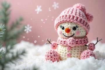 Fototapeta premium Amigurumi Winter Wonderland: Cute Pink and White Crochet Snowman in the Snow