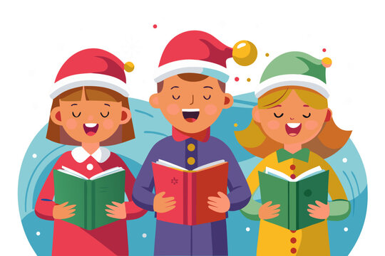 Flat vector illustration of cheerful Christmas carolers singing joyfully, wearing festive hats, holding songbooks, surrounded by a wintery background with snowflakes and holiday spirit