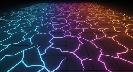 Abstract glowing cracks form a colorful gradient surface extending into darkness