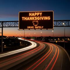 Image of a highway with light streaks from cars at dusk.The sign reads quot;Happy Thanksgiving&quot;, representing holiday travel and celebration, Dusk Highway Travel / Holiday Road Trip