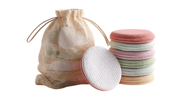 Reusable makeup remover pads and storage bag isolated on transparent background