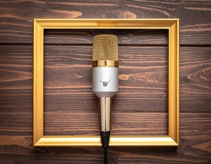 A gold microphone is framed by a golden rectangle on a wood surface