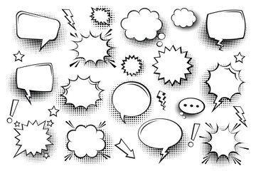 Fototapeta premium Pop art vector assets: speech bubbles in various forms (round, square, jagged) with halftone dot textures, ready for comic strip or poster design