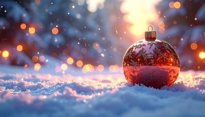 A close-up showcases a festive red ornament resting in soft snow. Warm, bokeh lights and falling snow flakes create a magical winter scene