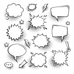A grid of black and white comic book dialogue bubbles, featuring sharp lines, bold outlines, and retro halftone dot patterns for a dynamic look