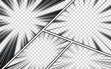 Monochromatic explosion and acceleration effects, with nine unique designs featuring bold black lines on a white background, useful for conveying energy or action