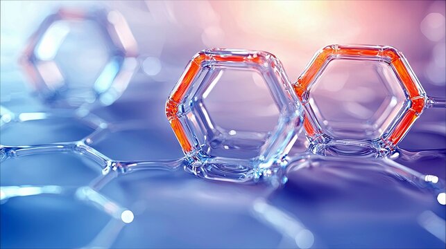 Close-up view of interconnected hexagonal structures with orange and blue highlights, suggesting a molecular or atomic arrangement.