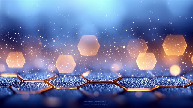 An abstract background featuring a textured surface with hexagonal shapes and shimmering golden particles against a blurred blue backdrop with bokeh lights.