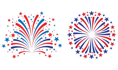 Fototapeta premium Patriotic Fireworks and Celebration Burst Vector Graphics Set: Red, White, and Blue Star Explosions and Colorful Sunburst Icons