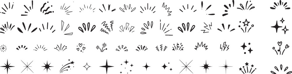 Doodle line sparkle vector set, hand drawn shining stars, comic burst elements, and decorative glowing sparkling star highlight. Cartoon explosion, dynamic light flash, twinkle star, firework effect.