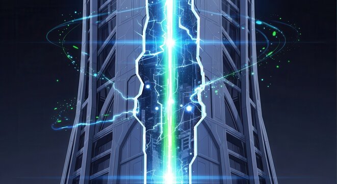 Futuristic tower structure channeling intense vertical energy discharge with glowing particles