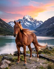 A majestic brown horse stands before a lake and mountains