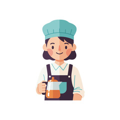 cute smiling barista character in a cheerful flat design style, holding a fresh pot of coffee, perfect for cafe, restaurant, or breakfast themes and services