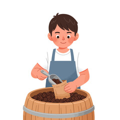 Cute Character Barista A Boy Scooping Roasted Coffee Beans into a Bag