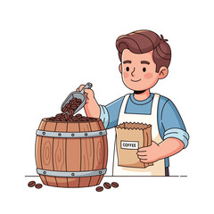 Cute Character Barista Scooping Coffee Beans into Bag from Wooden Barrel