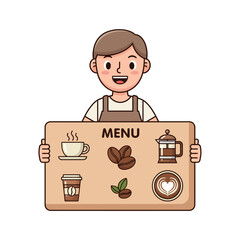 Cute Cartoon Character Barista Holding a Menu Sign with Coffee Icons and Illustrations