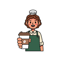 delightful and cute character barista, with a warm smile, presents a freshly brewed coffee in a take-away cup, perfect for illustrating friendly service