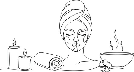 Minimalist one-line drawing of a woman in a towel receiving a spa treatment, surrounded by lit candles, a rolled towel, and an aromatherapy bowl, symbolizing relaxation and self-care