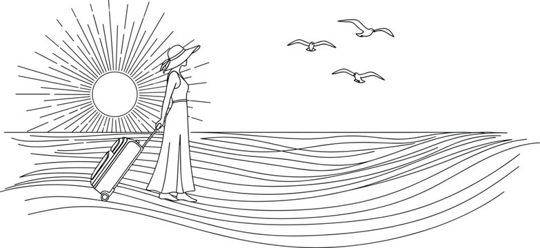 Continuous one-line drawing of a stylish woman traveler with a suitcase standing by the ocean, looking at a radiant sun and flying seagulls, symbolizing travel, vacation, and adventure