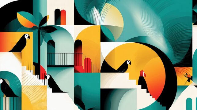 A vibrant, abstract geometric artwork featuring stylized black parrots perched on stairs and balconies, set against a backdrop of colorful shapes and architectu