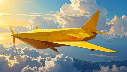 A vibrant yellow origami aircraft soars through a sunny sky filled with fluffy white clouds, suggesting flight