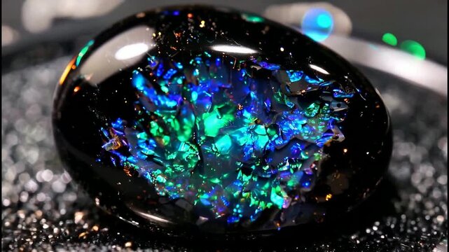 Close Up Macro Shot of a Black Opal Gemstone with Vibrant Blue and Green Fire.