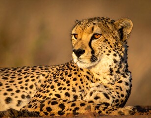 A majestic cheetah rests, its spotted coat illuminated by warm sunlight