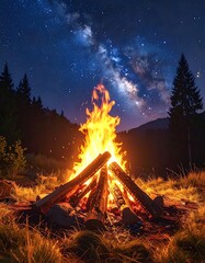 A mesmerizing campfire burns brightly beneath a vibrant, star-studded night sky with the Milky Way visible