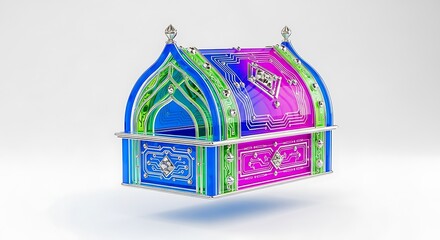 Vibrant gothic architectural model or miniature structure illuminated with colorful stained glass windows and intricate details