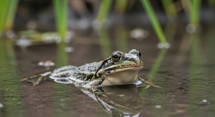 Obraz premium Closeup of a green frog resting in shallow water with grassy background during daylight hours