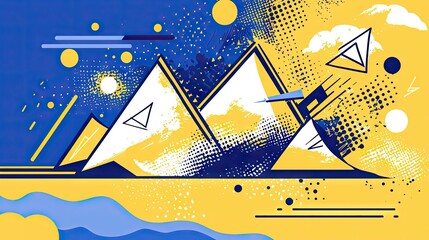 A stylized, abstract landscape featuring geometric mountain shapes, wavy foreground, and scattered circles and lines against a vibrant yellow and blue backgroun