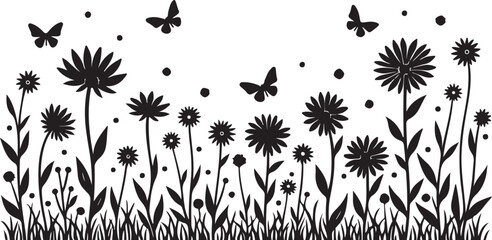 Black silhouette wildflowers and butterflies on white background