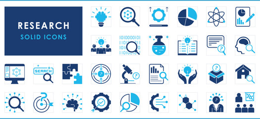 A set of 30 flat icons related to Research. Solid-filled icons pack.