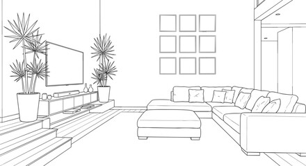 Detailed Outline Vector Illustration of a Modern Living Room Interior with Large Sectional Sofa, Entertainment Center, and Decorative Potted Plants, Representing Home Comfort and Luxury